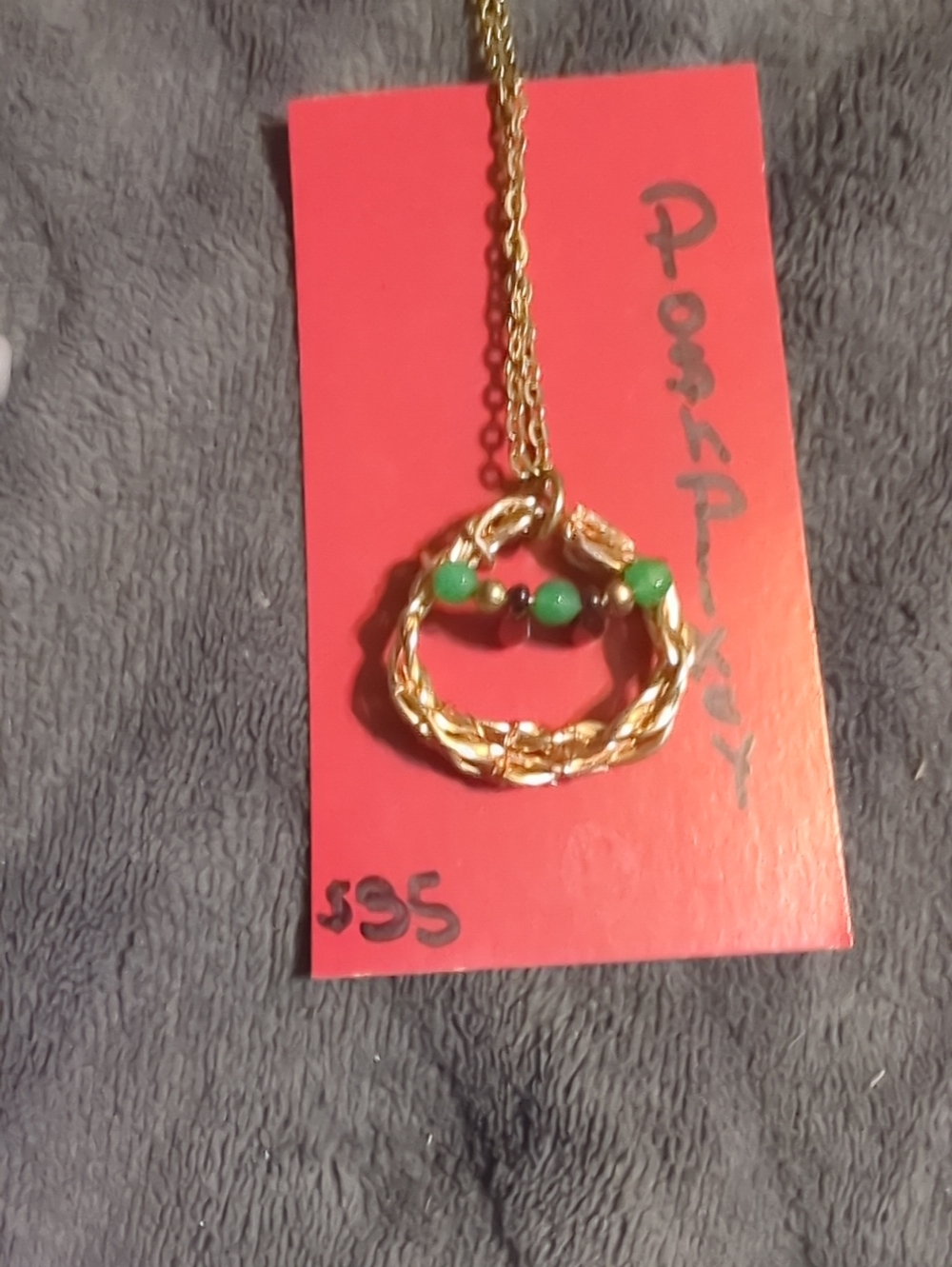 Gold Woven Circle Necklace with Green Accent Beads